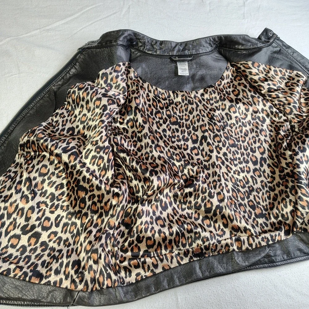 Cruel Womens Faux Leather Biker Jacket Metallic Black Leopard Lining XL - Picture 9 of 15